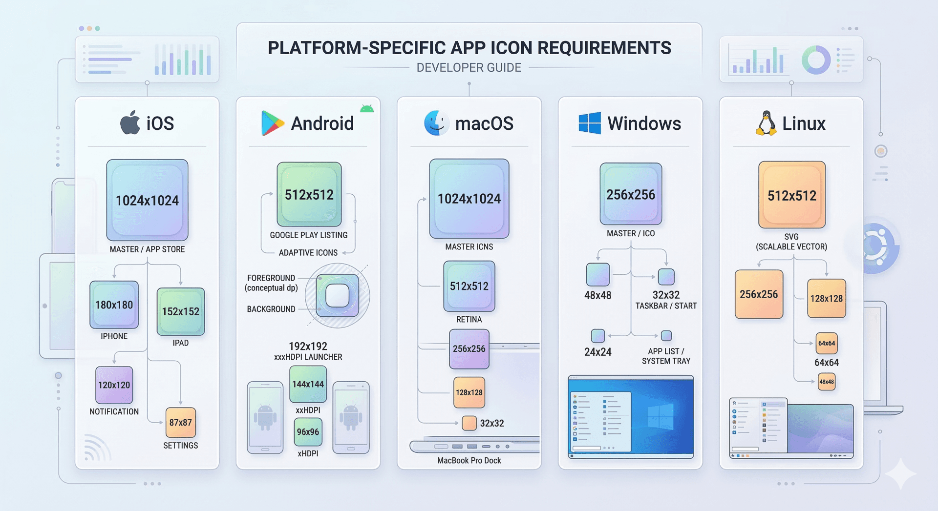 Platform specific app icon requirements for iOS Android Windows macOS and Linux